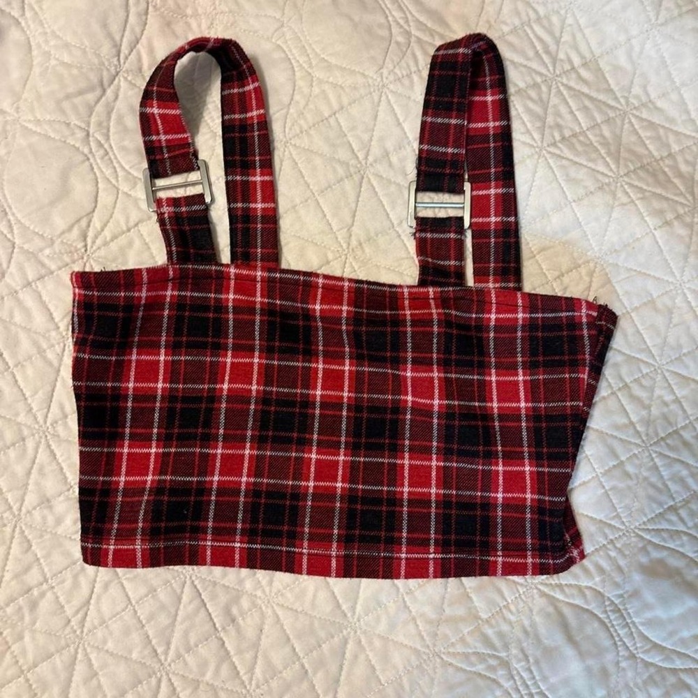 Disturbia Red Plaid Buckle Strap Crop Top Punk Grunge Tartan Tank UK 6 US 2